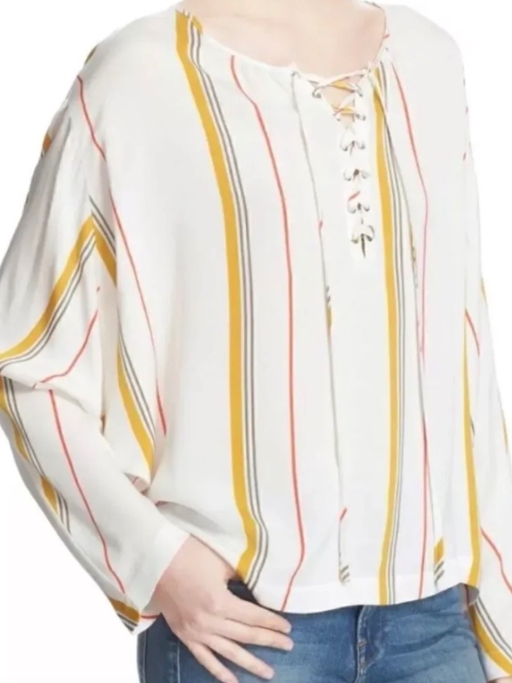 Frame Saffron Summer Stripe White Silk Blend Lace Up Blouse